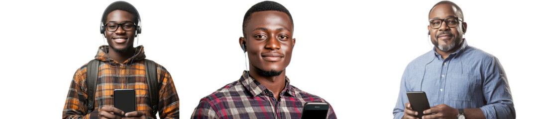 Obraz premium Standing and smiling at the camera, a young man holds a phone with both hands.