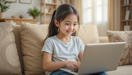 a happy young schoolgirl sitting on a soft couch at home, using her laptop to browse, watch content, or do homework, with a cheerful expression in a cozy and well-lit setting.