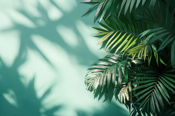 Obraz premium Green wall with lush palm leaves providing a tropical background for a serene setting.