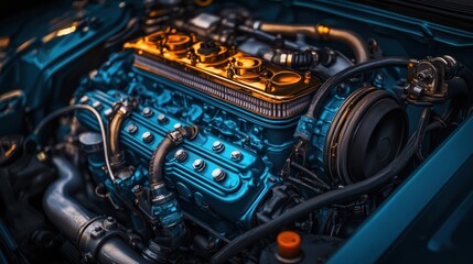 Teal customized car engine close-up.