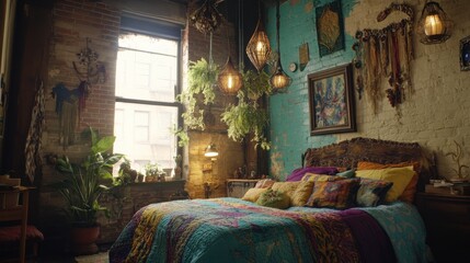 Cozy Eclectic Bedroom with Colorful Decor and Plants