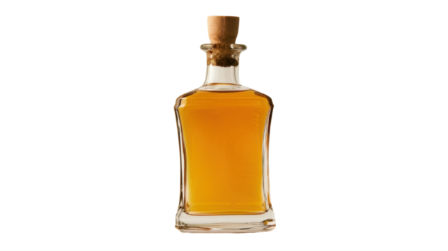 Glass bottle of liquor with cork transparent background