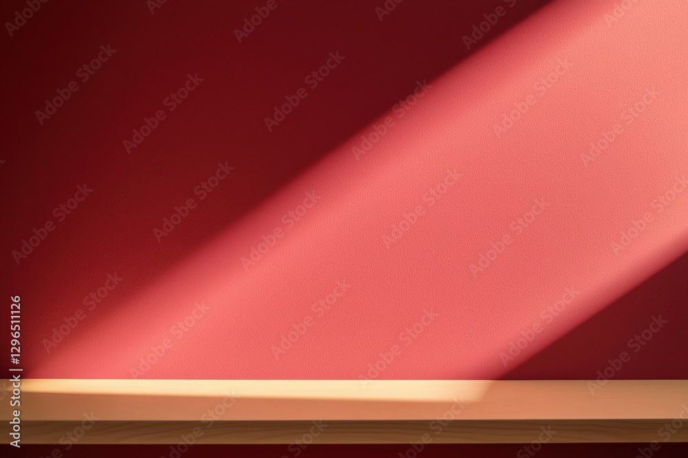 Aufkleber Empty wooden tabletop against red wall with light beam creating gradient effect