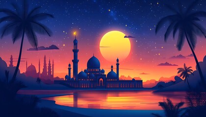 Obraz premium Mosque sunset tropical paradise illustration