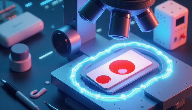 Microscope examining test card with red circles on vibrant background