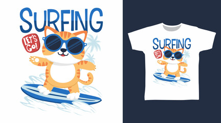 Cute yellow cat surfing hand drawn, ready for print on t shirt and other uses.