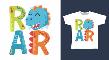 Cute dinosaur design vector with roar typography hand drawn, ready for print on t shirt and other uses.