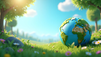 Earth Day Concept: Clean Energy Icons Framing Eco-Friendly Space Around Earth Globe - Perfect for Eco Messages with Room for Custom Text on the Left