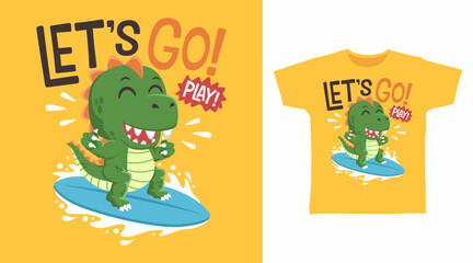 Cute dinosaur with surfboard hand drawn, ready for print on t shirt and other uses.