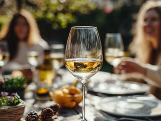 Obraz premium A sunny outdoor setting featuring a glass of white wine, with friends enjoying a casual meal in the background.