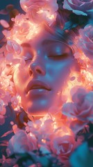 Fototapeta premium A serene woman with closed eyes enveloped in glowing flowers, creating a dreamlike, ethereal ambiance with soft lighting.