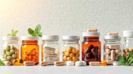 Assorted pills and tablets in clear glass bottles on a white background for medical and pharmaceutical use