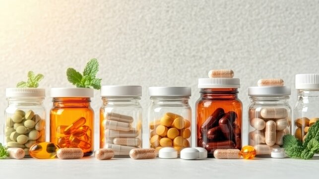 Assorted pills and tablets in clear glass bottles on a white background for medical and pharmaceutical use