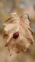 A dried leaf with intricate veins and a red ladybug resting on it Vertical Mobile Wallpaper