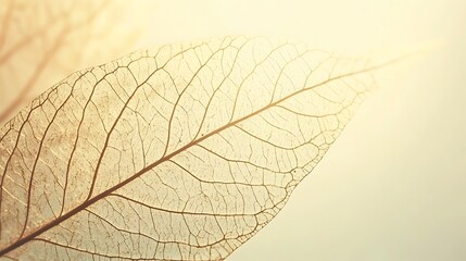 Obraz premium Close-up photo of a delicate, translucent leaf skeleton with visible veins, against a soft, blurred, light background.