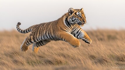 Fototapeta premium Tiger cub leaping through tall grass.
