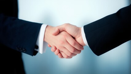 A close-up of a handshake between two individuals wearing dark business suits, symbolizing agreement, partnership, or a business deal. The soft blue gradient background adds a professional tone