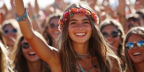 Obraz premium Happy Young Woman with Flower Crown at Outdoor Music Festival Enjoying the Crowd
