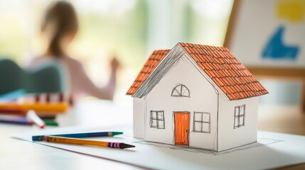 Creative Paper House Model with Colorful Art Supplies in Background