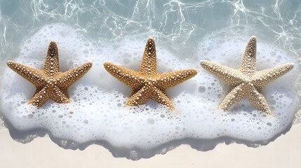 Three starfish rest on white sand next to foamy ocean water