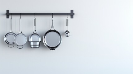A modern wall-mounted pot rack with neatly hanging stainless steel cookware, placed against a pure white surface in high-definition realism.
