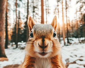 Squirrel portrait, winter forest