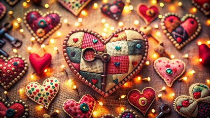 Obraz premium Handmade Patchwork Hearts & Keys: Cozy Red Pink Fabric Embroidery Bokeh Stock Photo