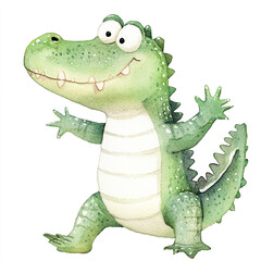 Fototapeta premium Cute Minimal Isolated Watercolor Alligator Design Perfect for Kids' Art Nursery Decor and Animal Lovers - Adorable Green Reptile Illustration on White Background