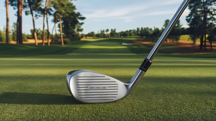 A golf club with a shiny grip, placed flat on a clean surface.