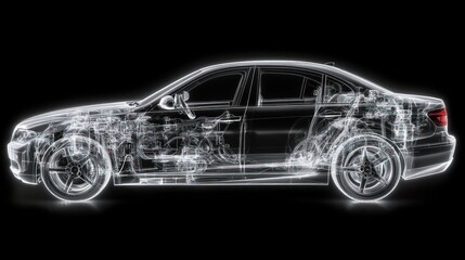 Transparent X-ray view of a modern sedan, showcasing its internal components.