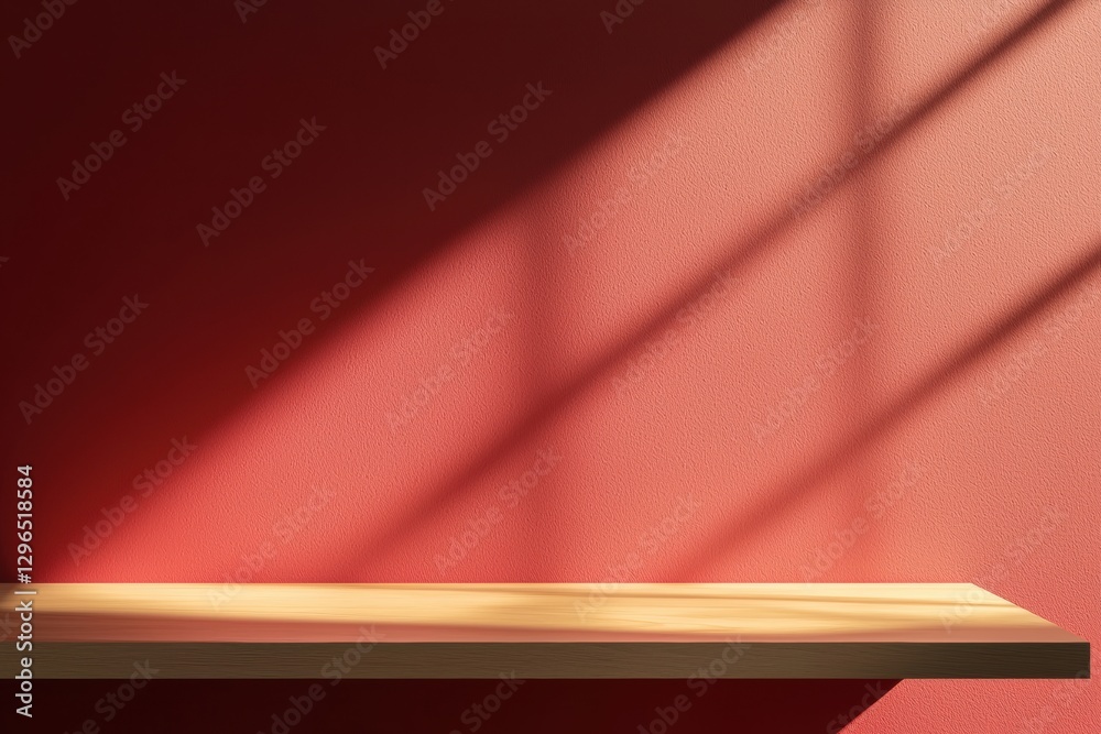 Poster empty wooden tabletop against red wall with window shadows: minimalist background