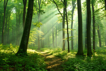 Obraz premium Peaceful Green Forest with Rays of Sunlight