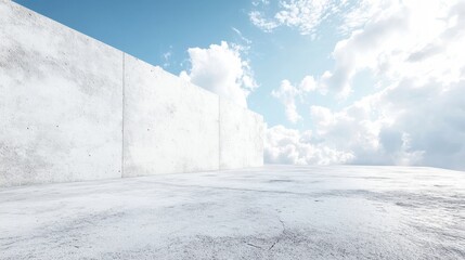 Minimalist Concrete Landscape with Blue Sky and White Clouds