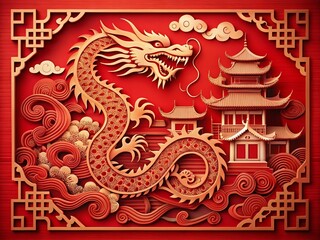 Fototapeta premium Happy Chinese New Year Dragon: Intricate Red Cut-Out Design