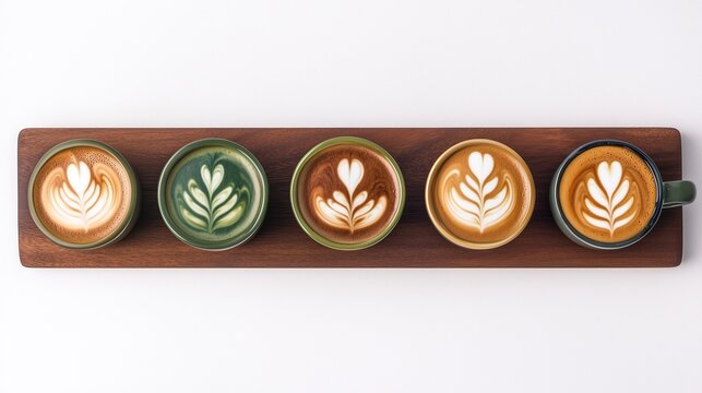 top-down view of five coffee cups with different latte art designs arranged on an elegant wooden tray, against a white background. Minimalistic set design.