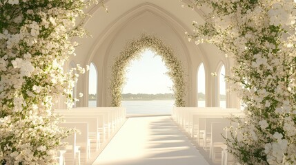 Fototapeta premium A dreamy wedding ceremony setting with white floral arches and soft golden lighting, offering ample copy space for design.