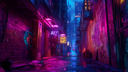 Neon lit back alley in cyberpunk city with graffiti and vibrant colors at night. Neon Graffiti Cyberpunk Tunnel. Illustration