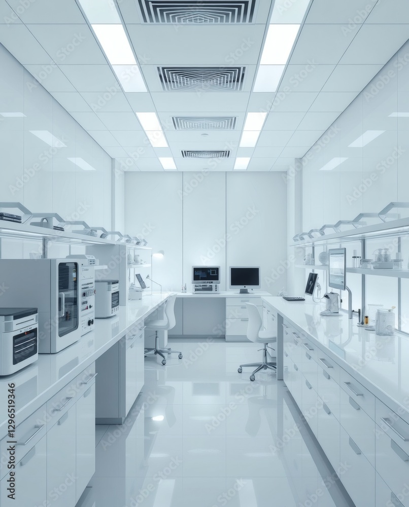 Poster an empty modern laboratory interior, featuring equipment, tables and computers, reflecting a profess
