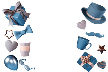 Holiday decorations Father's Day including gifts, hats, and hearts in blue and pink colors. 3d rendering