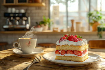 delicious strawberry shortcake served on plate beside steaming cup of coffee in cozy cafe setting. warm atmosphere invites enjoyment and relaxation