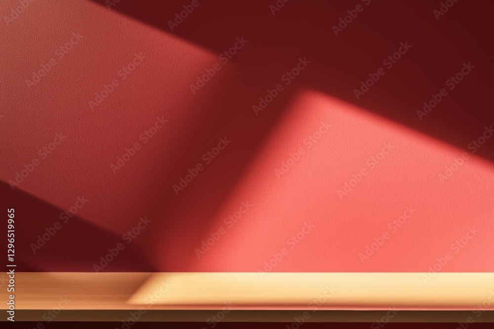 Poster empty tabletop in front of red wall with light brown shadows: minimalist background