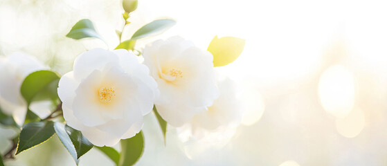 White camellias blooming in soft golden sunlight