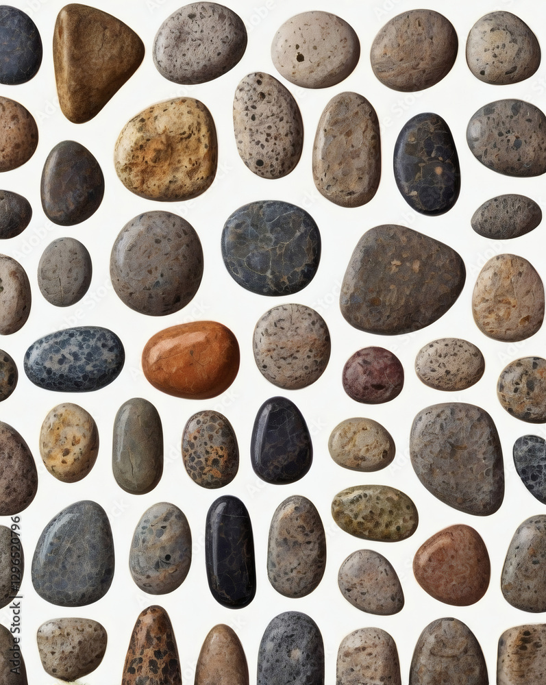 Poster a collection of smooth, colorful pebbles and stones. the various sizes and textures of the stones an