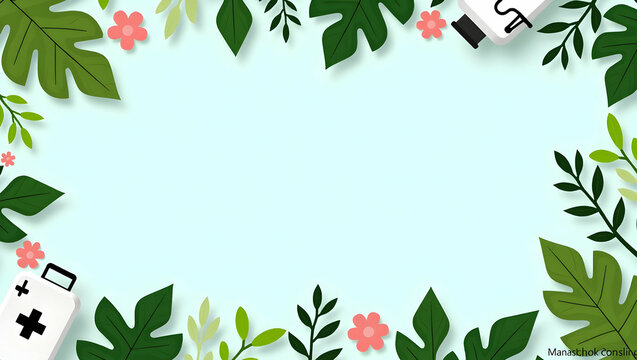 World Health Day border frame with healthcare workers and global symbols offering space for messages concept as Health day frame featuring healthcare workers and global symbols for messages in  Photo 