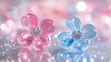 Pink and blue glass flowers on glitter, bokeh background; romantic, spring, decor