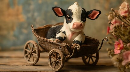 Stuffed cow sitting in a vintage carriage with tiny wheels