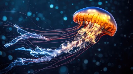 Fototapeta premium A glowing jellyfish with flowing tentacles floating in a dark underwater abyss, moody marine concept.