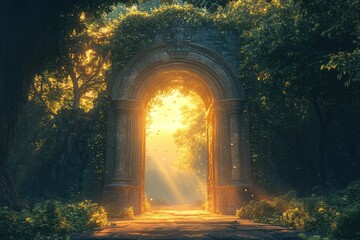 Fototapeta premium Sunlit Archway in Enchanting Forest: Golden Pathway to Mystery