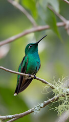 Fototapeta premium A vibrant hummingbird perched on a weathered branch in a forest Vertical Mobile Wallpaper