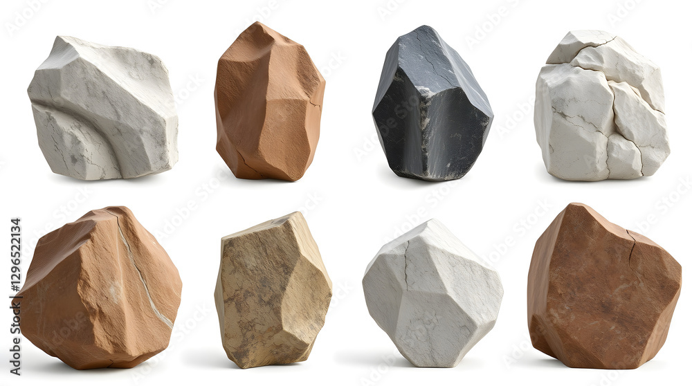 Poster assortment of various stones with diverse shapes and colors arranged in a row